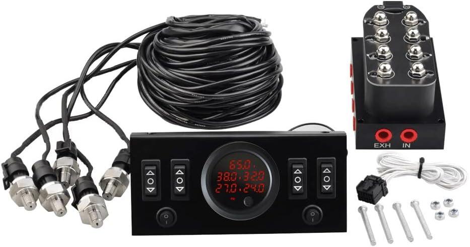 12V Solenoid 8-Valve Air Ride Suspension Manifold Valve with Control Panel Ship Type Switch, Equipped with Five Display air Pressure Gauge red