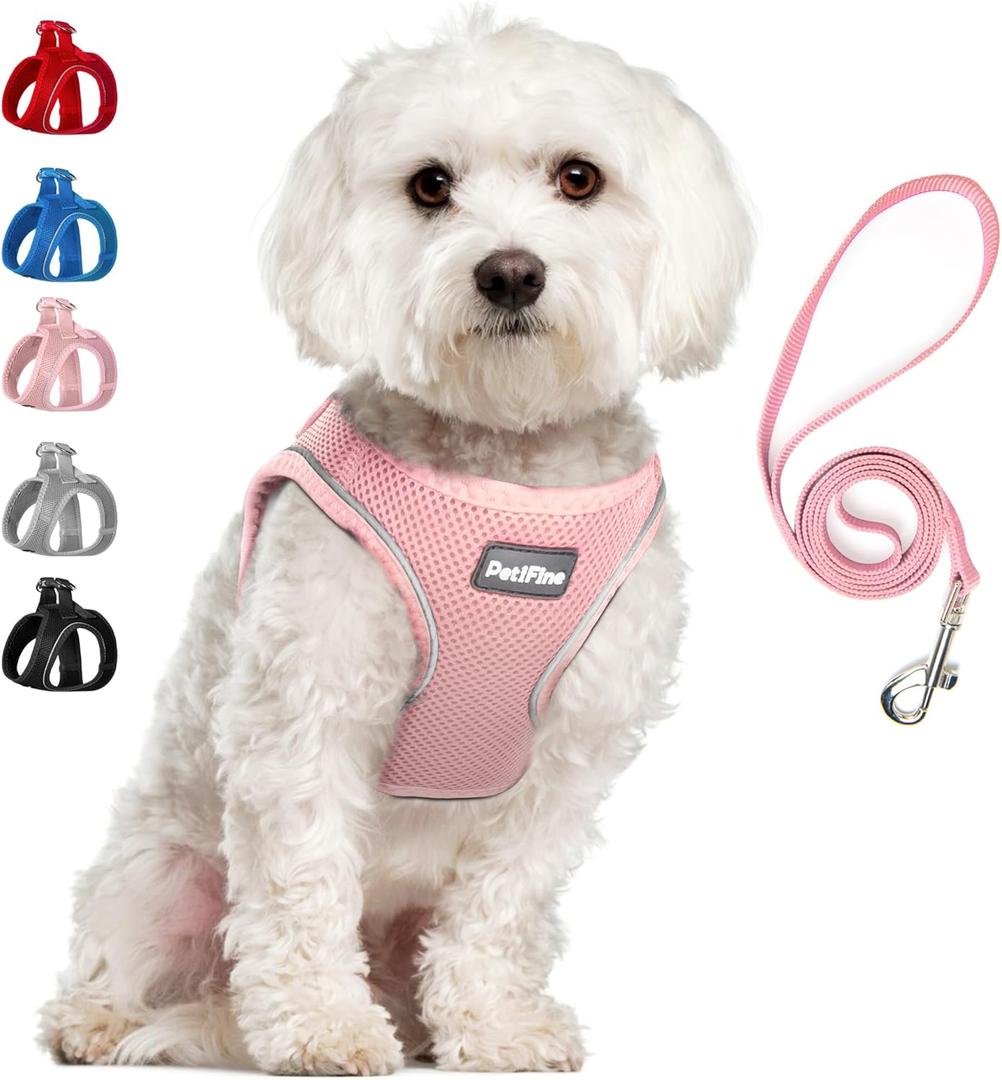 PetiFine Step in Small Dog Harness and Leash Set, Breathable All Weather Air Mesh Reflective Escape Proof, Step-in Vest Harnesses for Puppy(S, Pink) (S | Neck: 12.6''-13.8'' Chest:16.1''-17.7'' |)