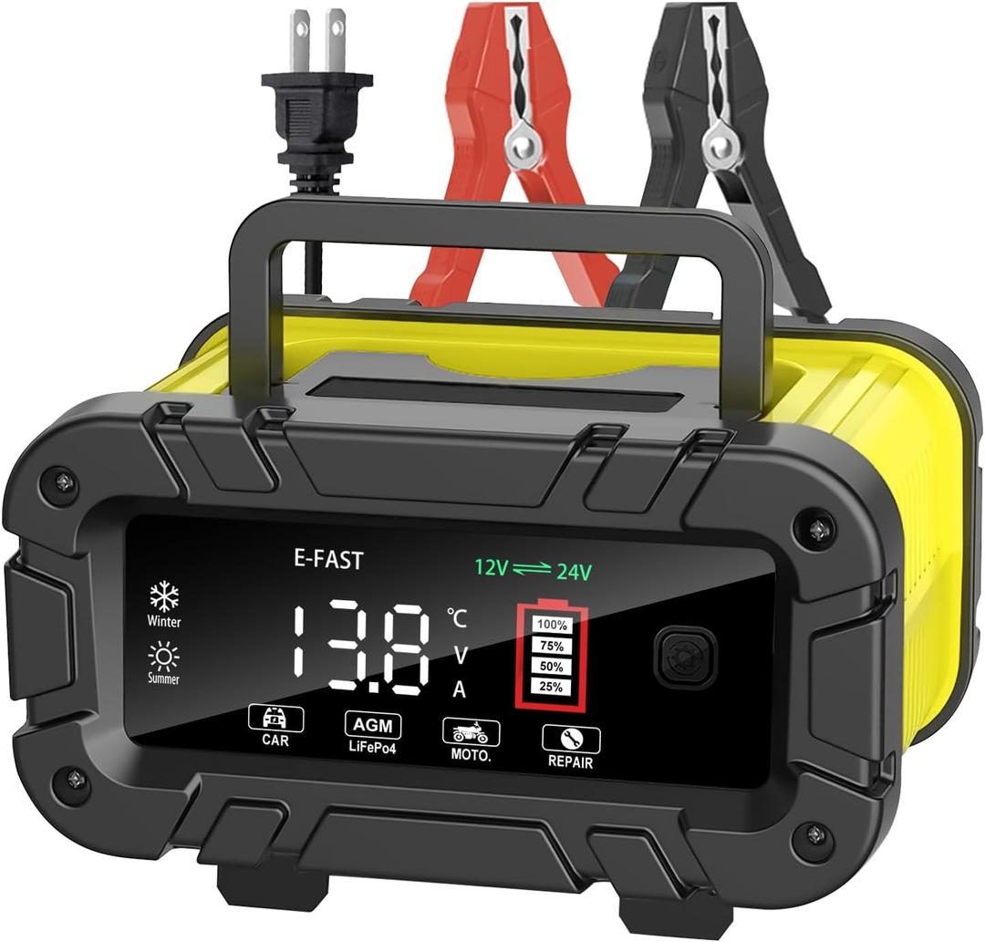 E-FAST 0-20A Battery Charger,12/24V Lifepo4 Lead Acid Automatic Smart Car Battery Charger, Automotive Trickle Charger, Automobile Battery Maintainer for Car Truck Motorcycle Lawn Mower Boat