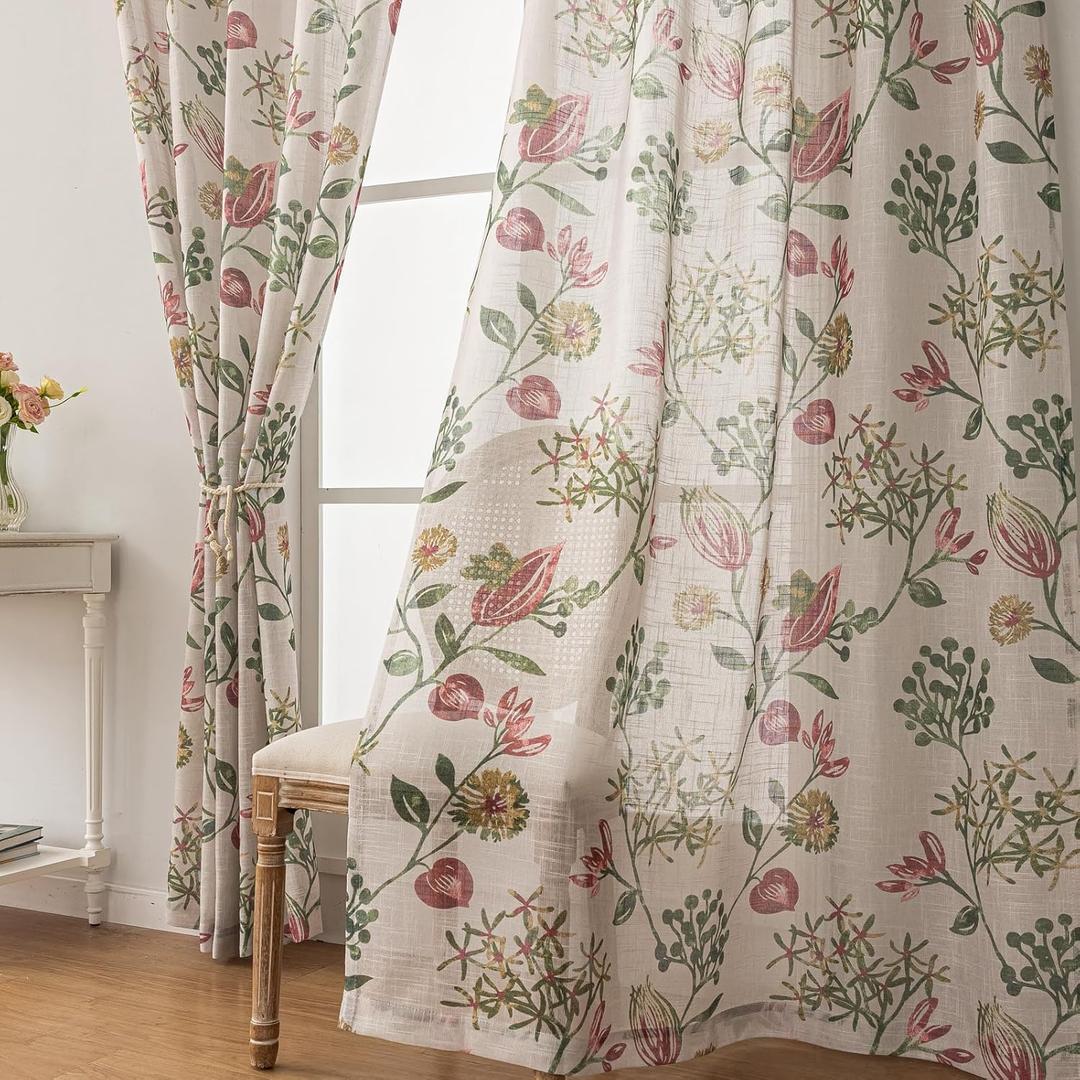 Red Floral Semi Sheer Curtains Linen Textured for Living Room Patterned Green Jacobean 96 inches Long 2 Panels Rod Pocket Light Filtering Window Drapes for Dining Bedroom