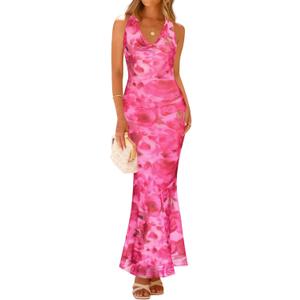 ZESICA Women's 2025 Summer Halter Neck Floral Print Maxi Dress Sleeveless Backless Wedding Guest Party Bodycon Long Dresses (Medium)