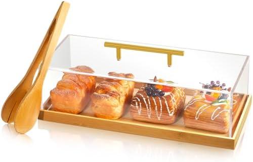 FoldTier 1 Set Rectangular Cake Tray with Lid 14" x 6" x 4" Bakery Pastry Dessert Display Case with Wood Base Acrylic Cake Stand Holder Serving Tray with Tong for Party Banquet Dessert Shop (Bamboo)