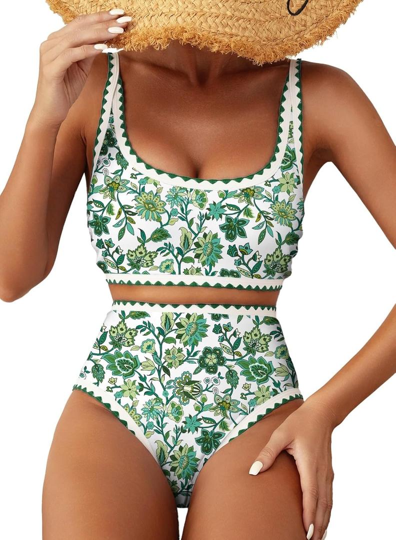 Herseas Women's Bikini Sets Floral Print Whip Stitch 2 Piece Swimsuits High Waisted Scoop Bathing Suits (Green, Small)