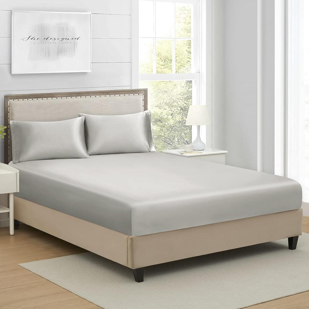 Queen Silk Satin Fitted Sheet, Soft Deep Pocket Single Bottom Bed Sheets Sold Separately, Wrinkle Free, Non- Fading, Breathable, Fully Elasticized(Queen Size, Light Gray)