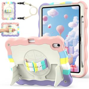 for iPad A16 11th Generation 2025 / 10th Gen Case 2022, for 11 Inch / 10.9 Inch iPad Case Heavy Duty Cover Shockproof with Pencil Holder [360 Rotate Strap] & Stand, Camouflage (#04 WHITE+CAMO)