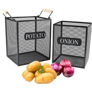 Set of 2 Potato and Onion Storage Bin, Metal Mesh Onion and Potato Baskets with Wooden Handle, Potato Bin Onion Holder, Kitchen Pantry Organizers and Storage for Onion Potato Fruit Vegetable
