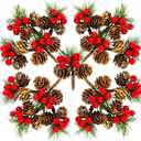 Wowagoga 30 PCS Faux Mini Snowy Pine Picks with Red Berries & Natural Pinecones Mini Artificial Pine Tree for Christmas Party Gift Decor