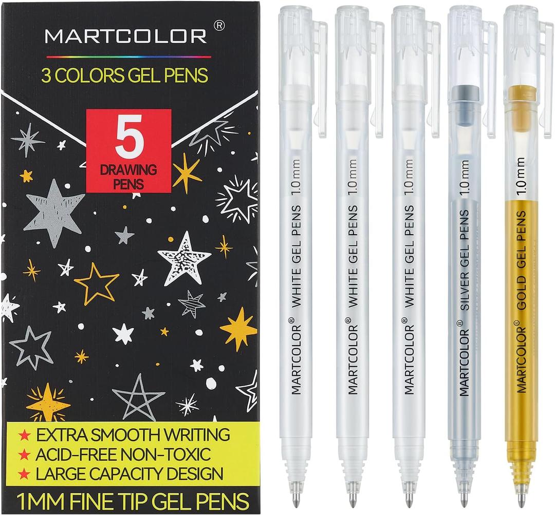 4 x Gold Silver White Gel Pens, 5 Pack, 1 mm Extra Fine Point 3 Colors Gel Ink Pens Set, Opaque White Archival Ink Pens for Black Paper Drawing, Sketching, Illustration, Card Making (Multicolor)