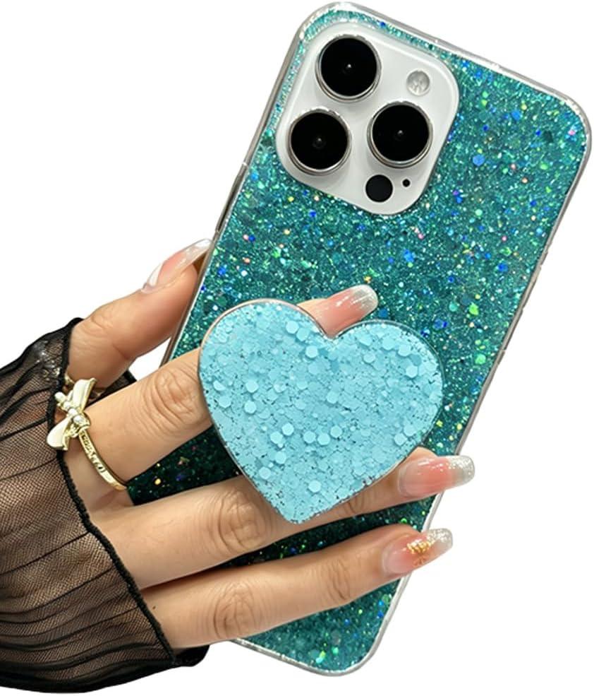 Case for iPhone 13 Case Glitter Bling for Women Girls Sparkle Cover, with Love Kickstand Holder Protective Gel Case 6.1 inch (Green)