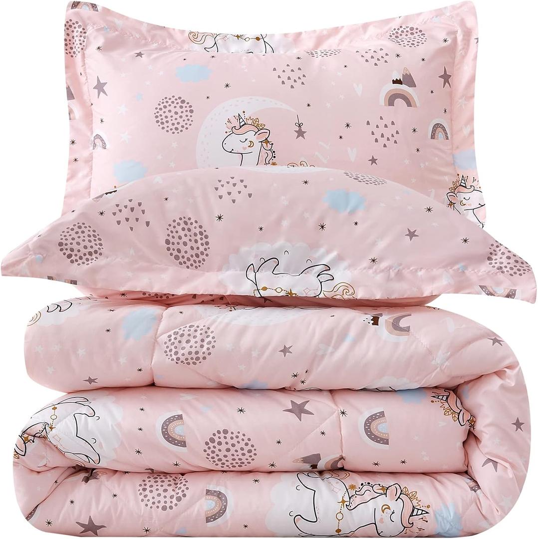 JSD Pink Unicorn Kids Comforter Set Full Size, 3 Piece Girls Rainbow Microfiber Comforter with Pillow Shams, Lightweight All Season Washable