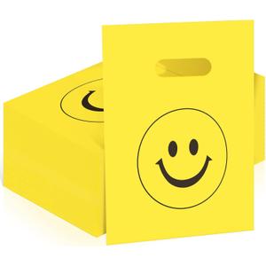 Geyee 300 Pieces Smile Face Gift Bags 6" x 8" Plastic Party Favors Goodie Treat Bags Bulk with Handle for Kids Birthday Party Classroom School Supplies(Yellow)
