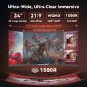 Raywego 34 Inch Curved Gaming Monitor, WQHD 3440 x 1440p, 165Hz 1ms, 21:9 Ultrawide, 127% sRGB, Ergonomic Height Adjustable Stand, PIP/PBP, RGB Backlight, Black