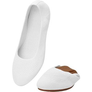 poemlady Womens Ballet Flat Shoes Dress Shoes Knit Round Toe Slip On Ballerina Walking Flats Shoes for Woman Low Wedge Casual (7.5, White)