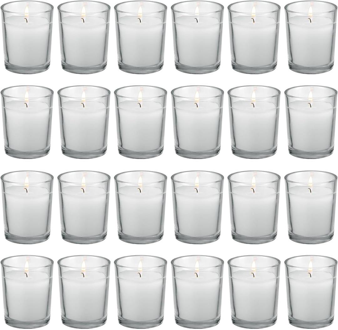 Flamecan 21 Pack Clear Glass Filled White Votive Candles. Unscented Votive Candles for Home Decor, Spa Weddings Birthdays Holidays Party