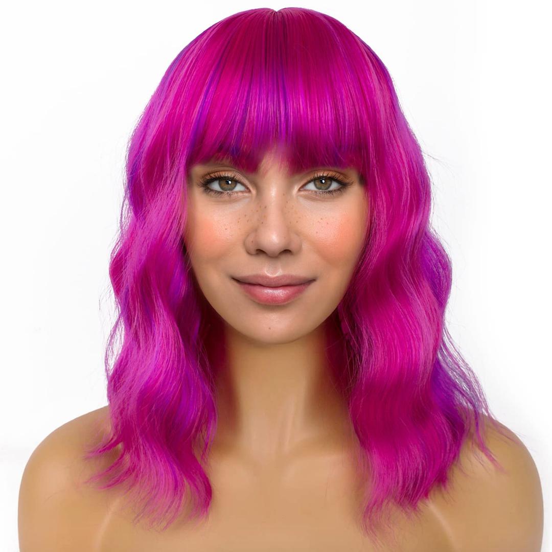 LANICE Short Bob Wigs with Bangs for Women Loose Wavy Hair Shoulder Length Rose Mix Purple Wigs Synthetic Colorful Wigs for Cosplay Daily PartyUse(Rose Mix Purple,12inch)