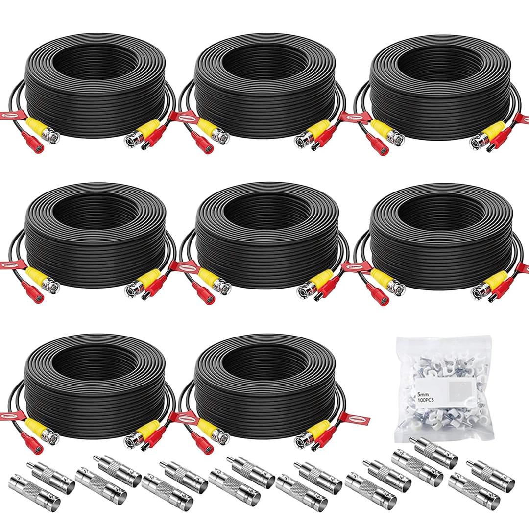 8 Pack 50ft/15M Video Power Cable, BNC Extension Security Camera Cable Wire for CCTV Surveillance DVR System, Included 16 x BNC Connectors and 100pcs Cable Clips
