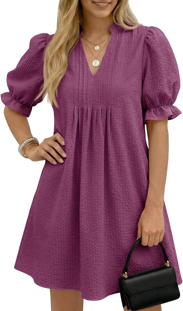 Wenrine Womens Summer Puff Short Sleeve Mini Dress Textured Casual Loose V Neck Ruffle Babydoll Dresses (Purple)