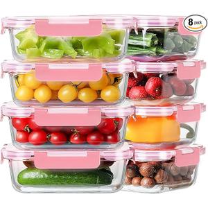 8 Pack 36oz Large Glass Meal Prep Containers with lids, Glass Food Storage Containers with Leak Proof Snap Lock Lids , Airtight Bento lunch Boxes, Kitchen Storage, Oven and Dishwasher Safe-Pink