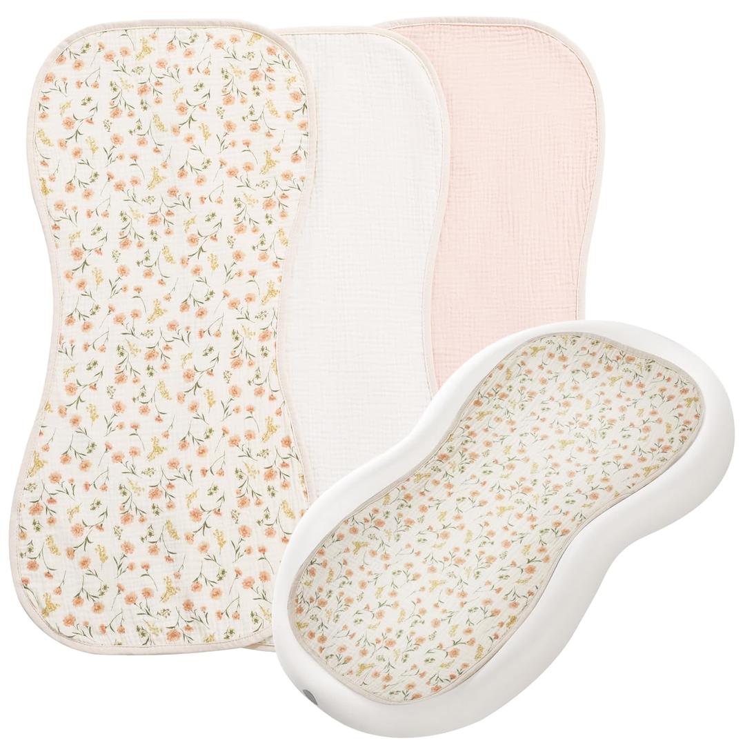 HOMBYS Changing Pad Liner Fits for Changing Pad,Washable Baby Changing Pad Cover Waterproof,100% Cotton Muslin Changing Table Pad,3 Pack,Cream White,Pink,Floral