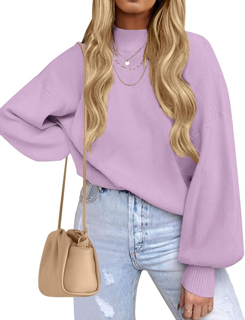 ZESICA Women's Casual Turtleneck Long Lantern Sleeve Fall 2026 Oversized Ribbed Knit Pullover Sweater Jumper Top (X-Large, Purple)
