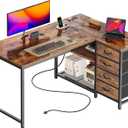 PRAISUN 43.3" Small Computer Desk with Power Outlets and USB-C Port, Reversible L Shaped Corner Office Desk with 4 Fabric Drawers and 2 Height-Adjustable Shelves, for Gaming Writing, Rustic Brown