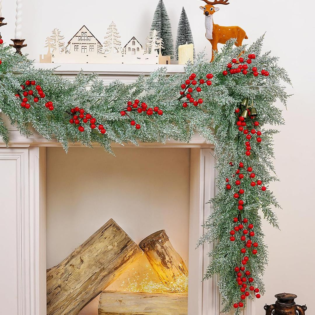 Dolicer 6FT Christmas Pine Cedar Garland with Red Berries, Lush Winter Greenery with Lights for Mantel Home Fireplace Holiday Decorations