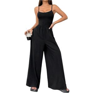 Floerns Women's Summer Jumpsuit Spaghetti Strap One Piece Outfit Wide Leg Baggy Pants Romper (Large)