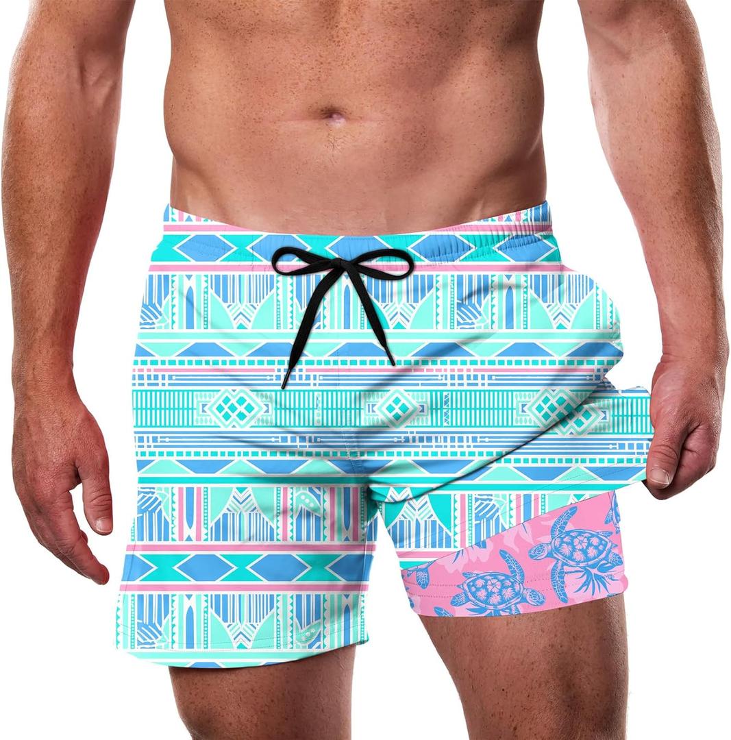 Cozople Men's Swim Trunks with Compression Liner 5.5" Inseam Quick Dry Bathing Suit Boxer Brief Lined Swim Shorts Swimwear (S)