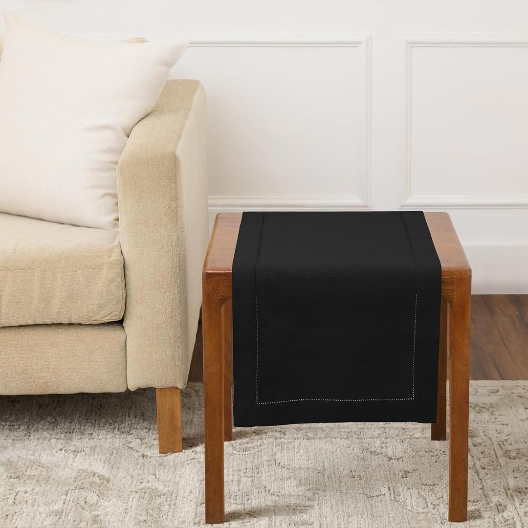 Solino Home Linen Black Table Runner 36 Inches - Classic Hemstitch, 100% Pure Linen Coffee Table Runner 14 x 36 Inch Ideal for Dresser Tables - Spring, Summer, Mothers Day