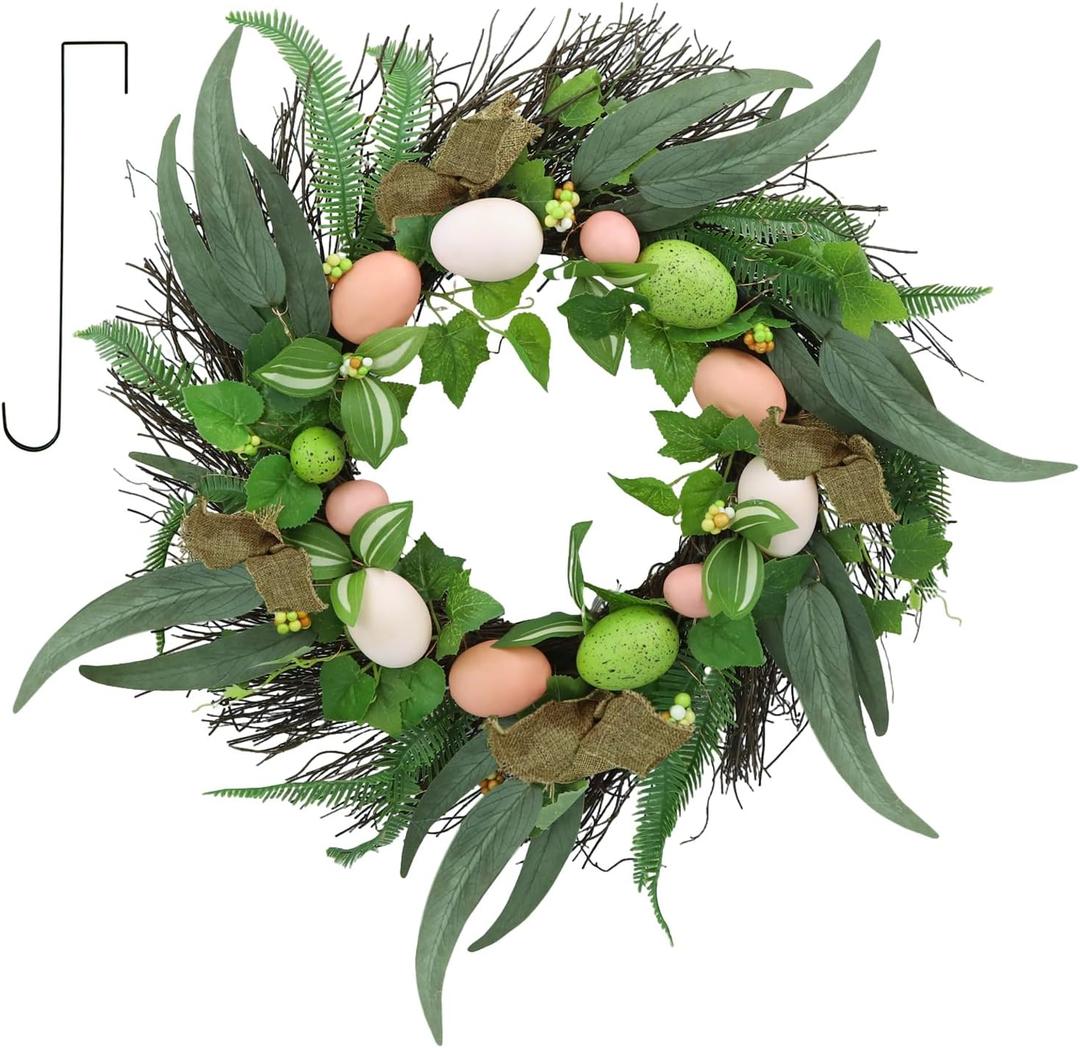 22 Inchs Spring Easter Wreath, Farmhouse Artificial Spring Wreath, Decor with Colorful Easter Eggs, Brown Fabric Strips & Green Eucalyptus Leaves, for Door Wall Window Fences (03 Dark Green - Bucolic)