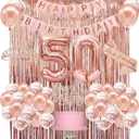 50th Birthday Decorations Women, Happy 50th Birthday Banner, Crown, Sash, Cake Topper and Number Balloon, Rose Gold 50 Birthday Party Decorations for Women