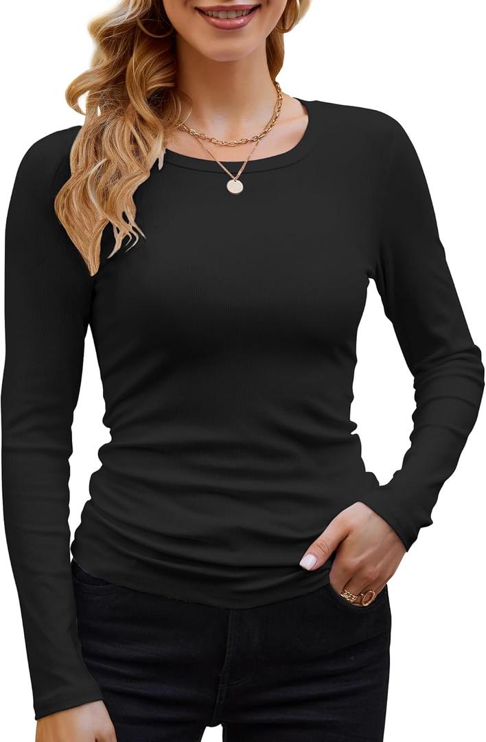 GEMBERA Womens Ribbed Long Sleeve Crewneck Casual Slim Basic Shirts Fitted Knit Tops (Large, Black)