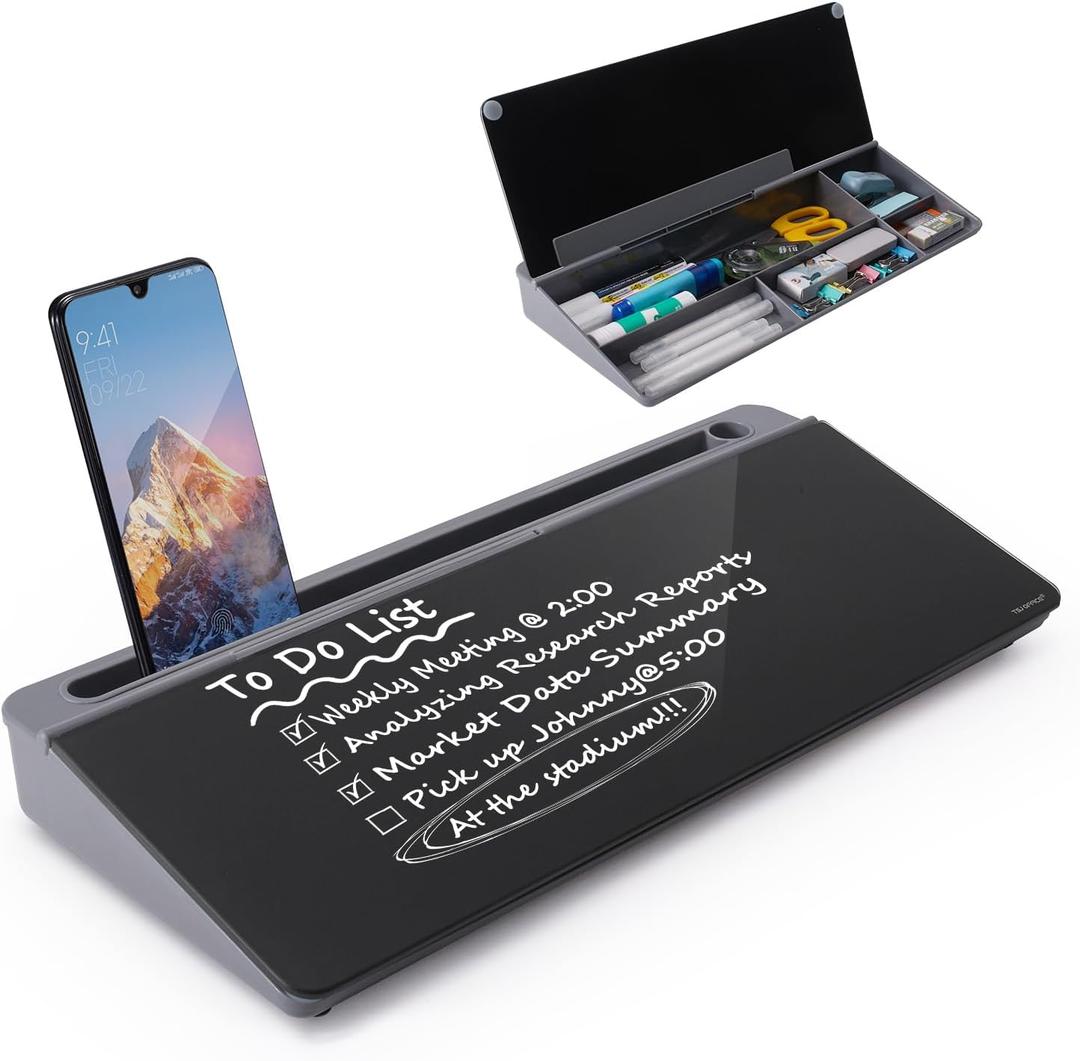 TSJ OFFICE Desktop Whiteboard Dry-Erase-Board - Computer Keyboard Stand White Board Surface Pad with Drawer, Desk Organizers with Accessories for Office, Home, School Supplies (Grey Base/ Black Glass)