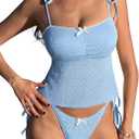 ZAFUL 2026 Tankini Swimsuits for Women Mesh Hollow-Out Tank Style Bow Knotted Decor Tie Side High Cut Tankini Set (Blue, XL)