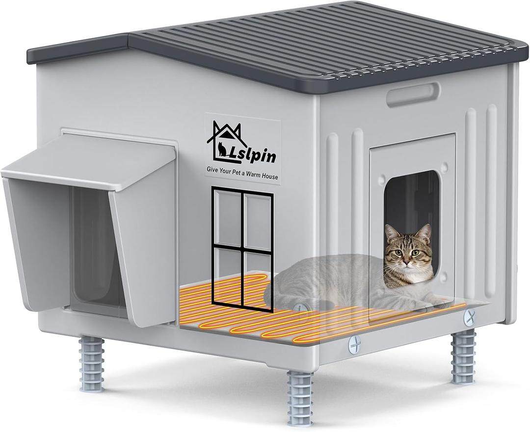 Indestructible Heated Cat House for Outside, 100% Waterproof & Weatherproof Heated Outdoor Cat House with Escape Door for Winter, Insulated Feral Cat Warming Shelters for Barn Porch, 17.7x17x19 in