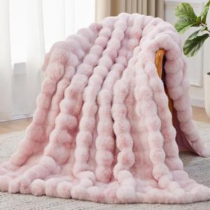 Faux Fur Throw Blanket, 1000GSM Fluffy Soft Bubble Blanket for Couch Bed, Cozy Plush Warm and Thick Blanket, Fuzzy Rabbit Throw for Living Room Bedroom 50''*60'' Pink