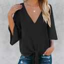 Bluetime Womens Tie Front Tops 3/4 Bell Sleeve V Neck Cute Summer Tops Shirts Casual Chiffon Blouses (Black, XL)