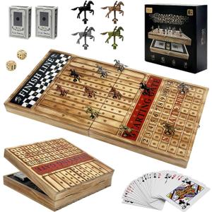 Large 23 inches Horse Racing Board Game with 11 Luxury Metal Horses, Foldable Wood Horse Race Board Game with 2 Sets of Dice, 2 Boxes of Cards for Parties and Gambling