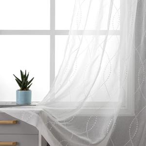VISIONTEX Moroccan White Voile Sheer Window Curtains Panels, White Dots Patterned Semi Embroidery Faux Linen Rod Pocket Window Treatment Drapes for Living Room 54 x 95 Inch, Set of 2
