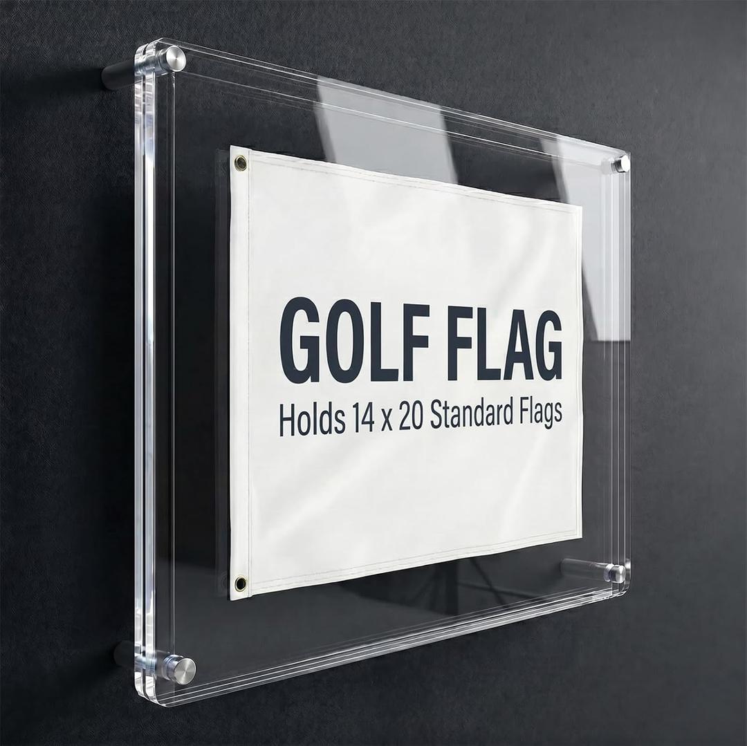 Double-Sided Clear Acrylic Golf Flag Frame, Floating Shadow Box for 14x20 Flags & Certificates, Wall Mount Display Case with Stainless Standoffs(Flags Not Included), 14.0 Inches X 14.0 Inches