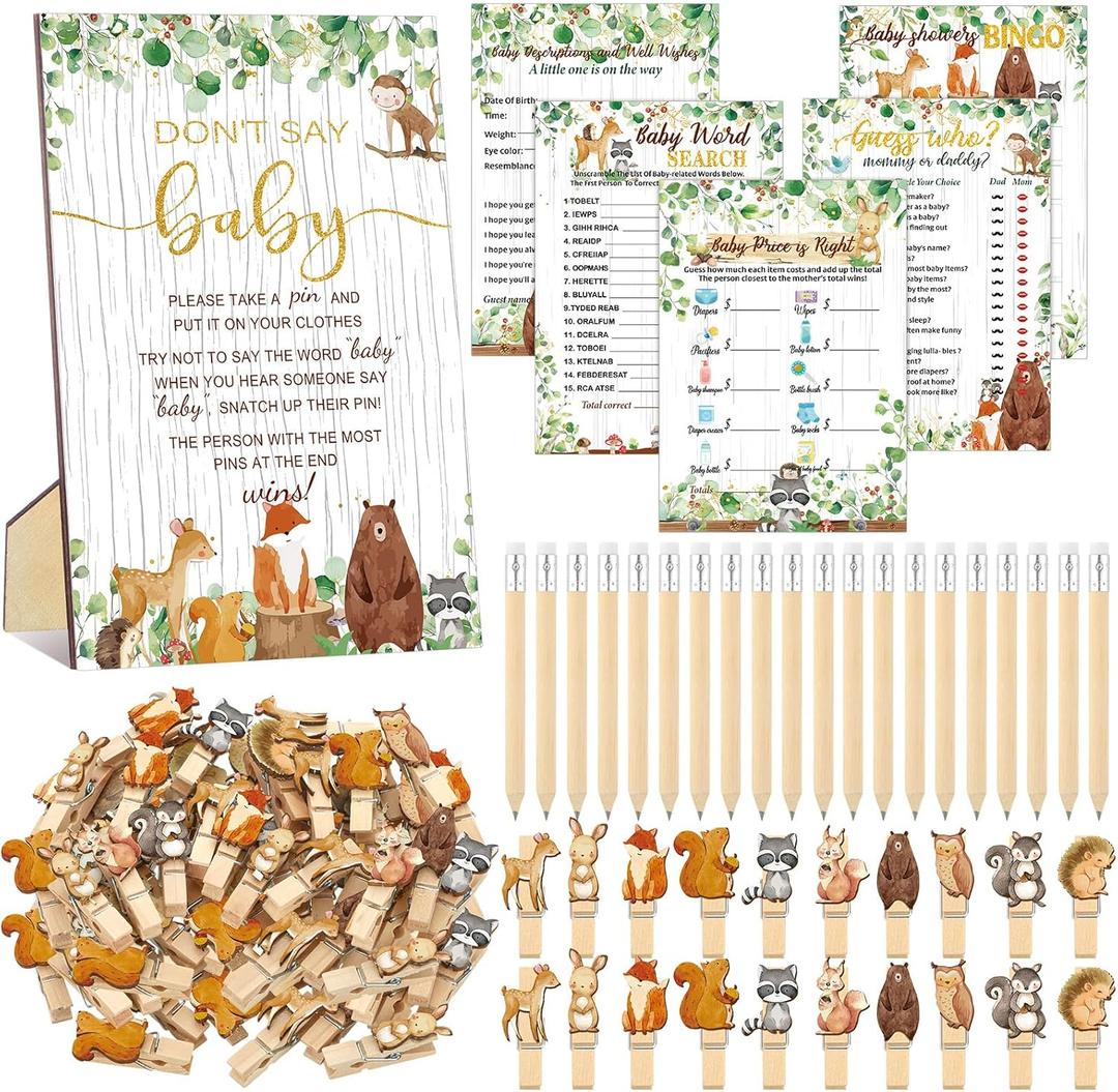 Patelai 321 Pcs Woodland Animals Baby Shower Decoration Forest Animal Neutral Gender Reveal Decoration Don't Say Games 5 Set Serve 50 Guests for Woodland Baby Shower Birthday Party Decor Supplies