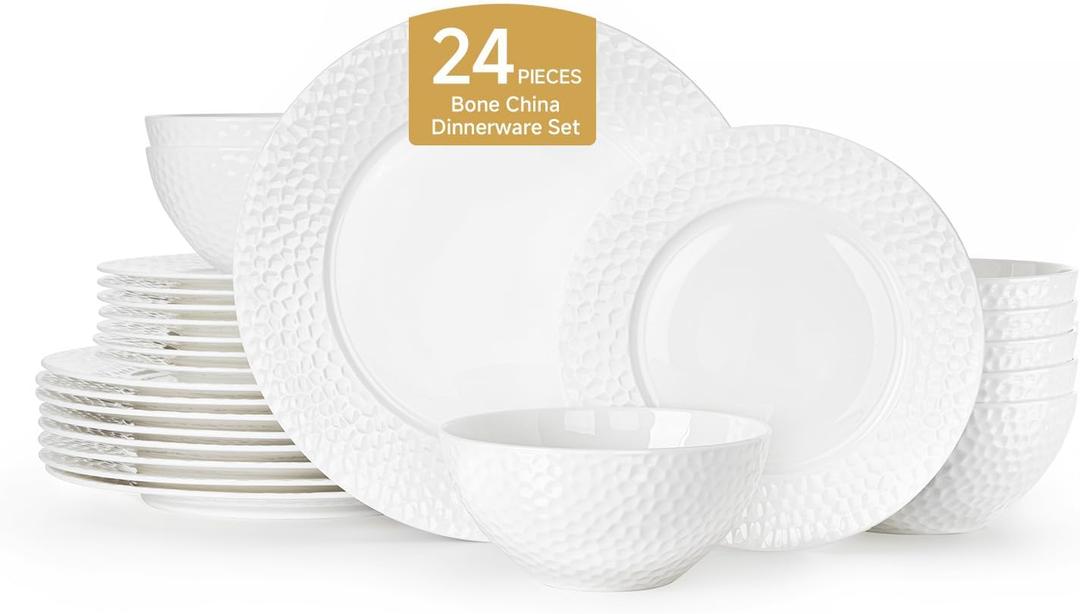 KINGSTONE Bone China Dinnerware Set, 24-Piece White Porcelain Tableware for 8, Hammered Rim Plates and Bowls, Microwave and Dishwasher Safe, Elegant Dish Set for Wedding, Family & Restaurant