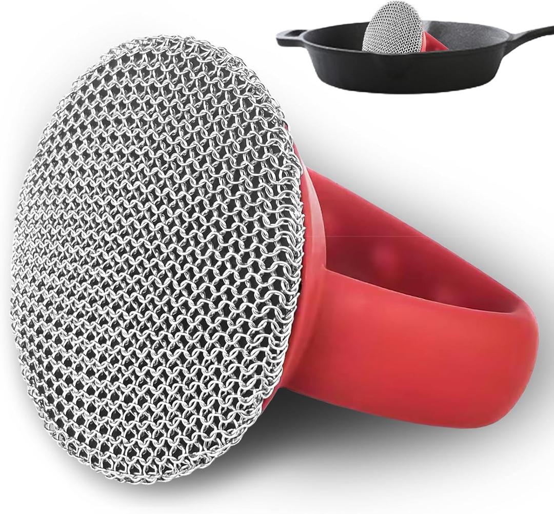 Cast Iron Cleaning Brush with Heavy Duty Handle  2.6mm Fine Chain Scrubber, 316L Stainless Steel for Cleaning Cast Iron Pots, Pans Cookware