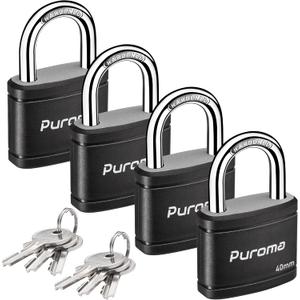 Puroma 4 Pack Keyed Padlock with 6 Keys Alike, 1.1 Inch Locker Lock 40mm Heavy-Duty Locks for Gate Fence Hasp Cabinet Toolbox School Gym Locker (Black)