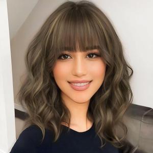 AISI HAIR Synthetic Wavy Curly Bob Wig with Bangs Brown mix Caramel Blonde Short Hair for Women Synthetic Heat Resistant Bob Wigs