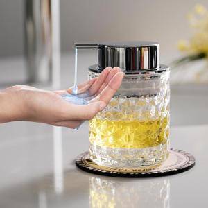 Hand Soap Dispenser Glass, Refillable Liquid Dispenser for Bathroom & Kitchen,Lotion Dispenser with Large Silver PumpDiamond Pattern-Clear (Clear-1 Pcs)