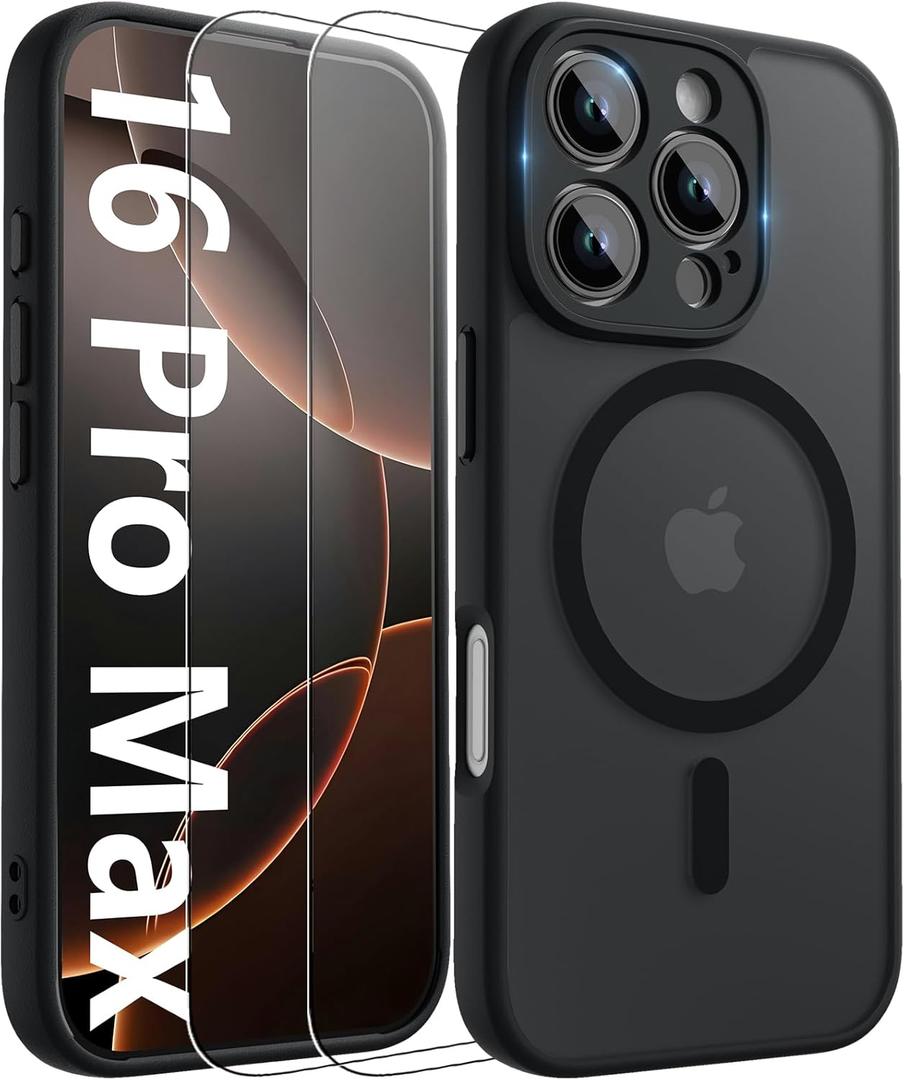 Innaght Magnetic for iPhone 16 Pro Max Case[Compatible with MagSafe][Camera Protection][2+Full Coverage Tempered Glass Screen Protector][Translucent Matte] Drop Protection Phone Case,6.9",Black