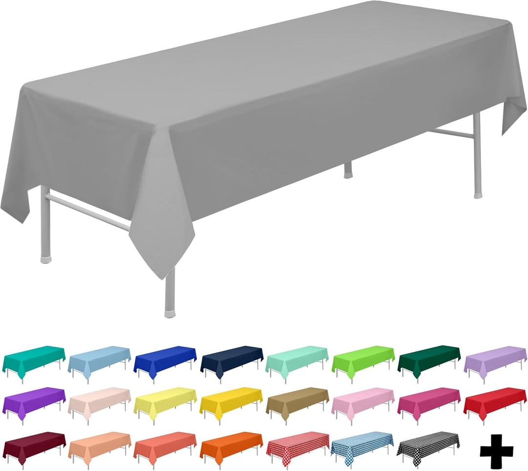 PARTY ULYJA Silver Tablecloths Plastic 3-Pack Premium 54 Inches x 108 Inches Disposable Table Covers Decorative Table Cloths for Rectangle Tables