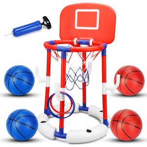 Pool Basketball Hoop Floating with Water-Fillable Stable Base, 2-in-1 Basketball & Ring Toss Pool Toy for Kids Ages 3+, Includes 4 Balls, 6 Rings & Pump, Summer Pool Party Gift