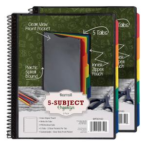 Samsill Spiral Folder Organizer (2-Pack)- 5 Dividers & 10 Pockets with Zipper Pouch, Multi Pocket Color Cordinated Folder Binder with Customizable Tabs, Document Organizer (Basic)
